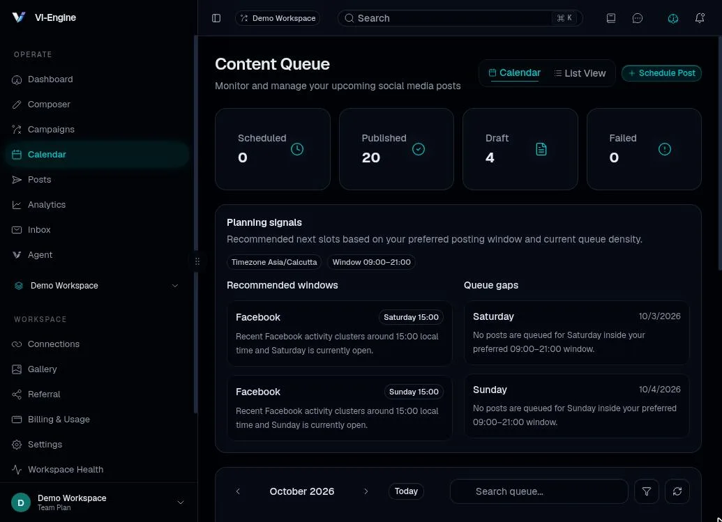 Content queue: scheduling and planning signals in the same workspace.