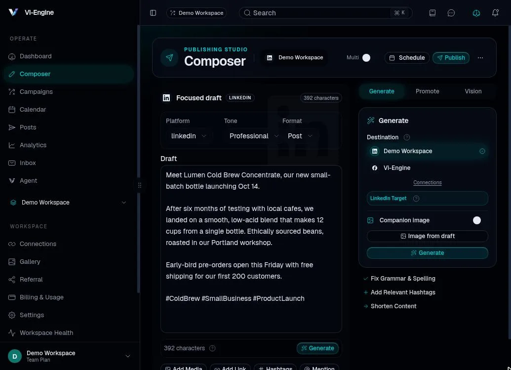 Composer: draft content and its destination are visible together.